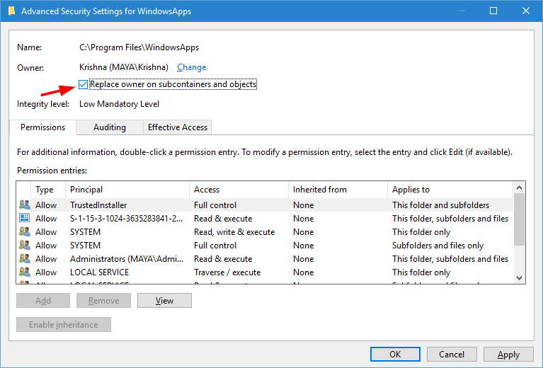 windowsapps folder apply permission changes