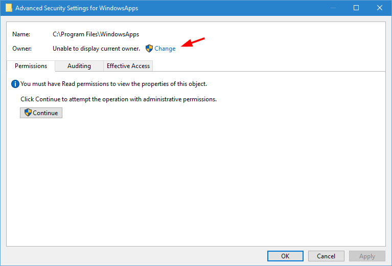 windowsapps folder click change