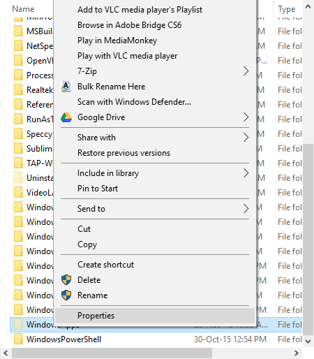 windowsapps folder select properties