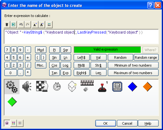 Clickteam Fusion Keyboard Object Action Create Object By Name expression