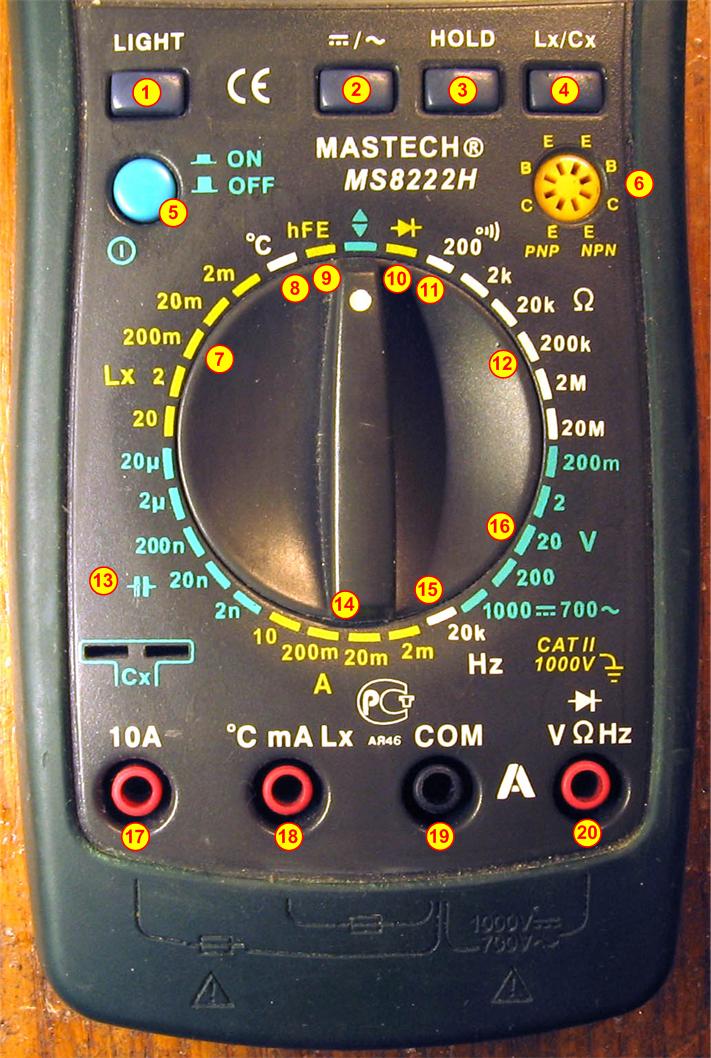 Передняя панель прибора MASTECH MS8222H, органы управления и коннекторы. multimeter-MASTECH-MS8222H-controls