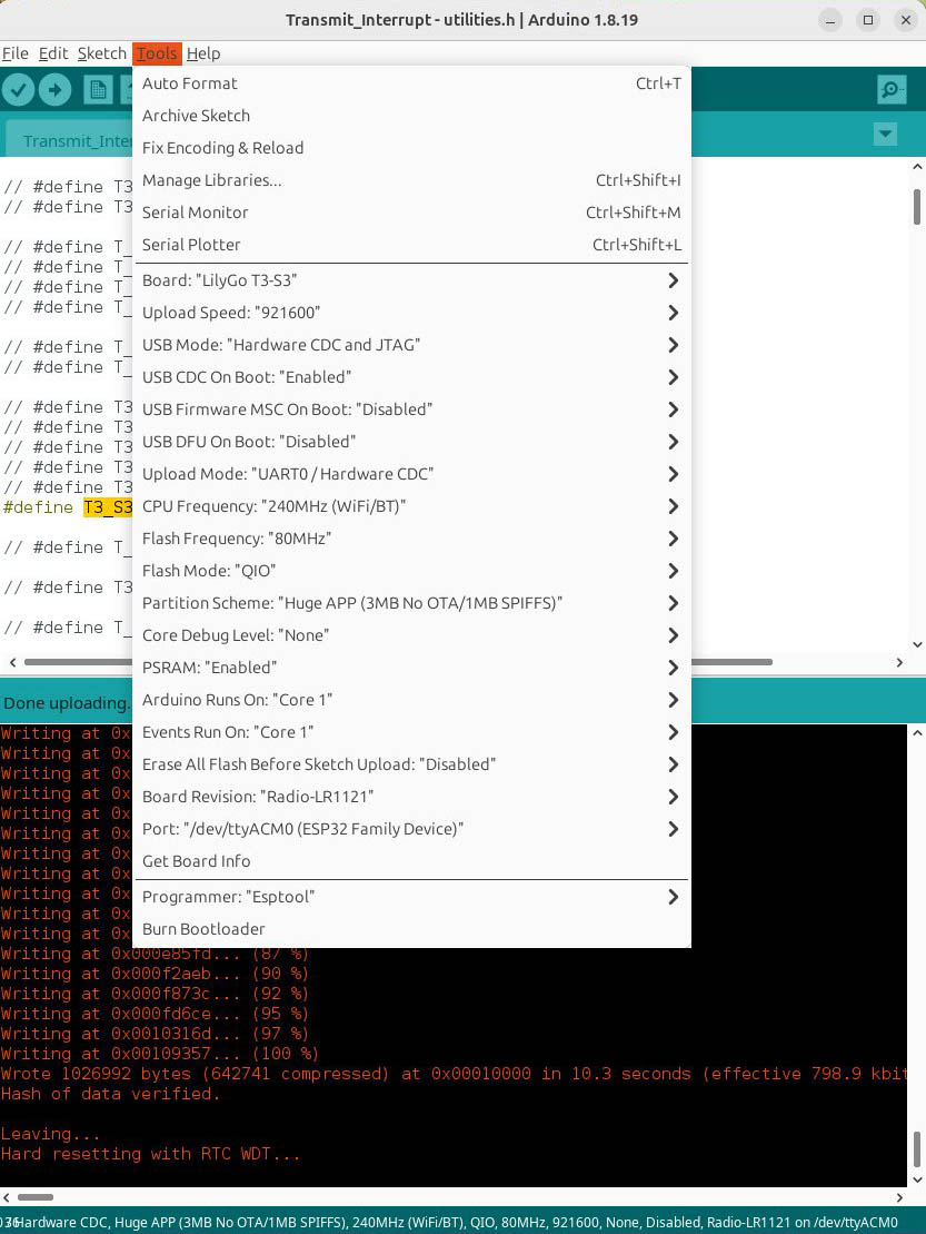 LilyGo Arduino T3 S3 settings