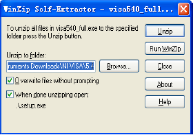 NI VISA install Win Zip self extract archive